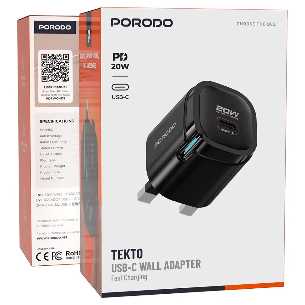 Porodo Tekto شاحن جداري USB-C بقدرة 20 واط مع كابل USB-C إلى لايتننغ - أسود