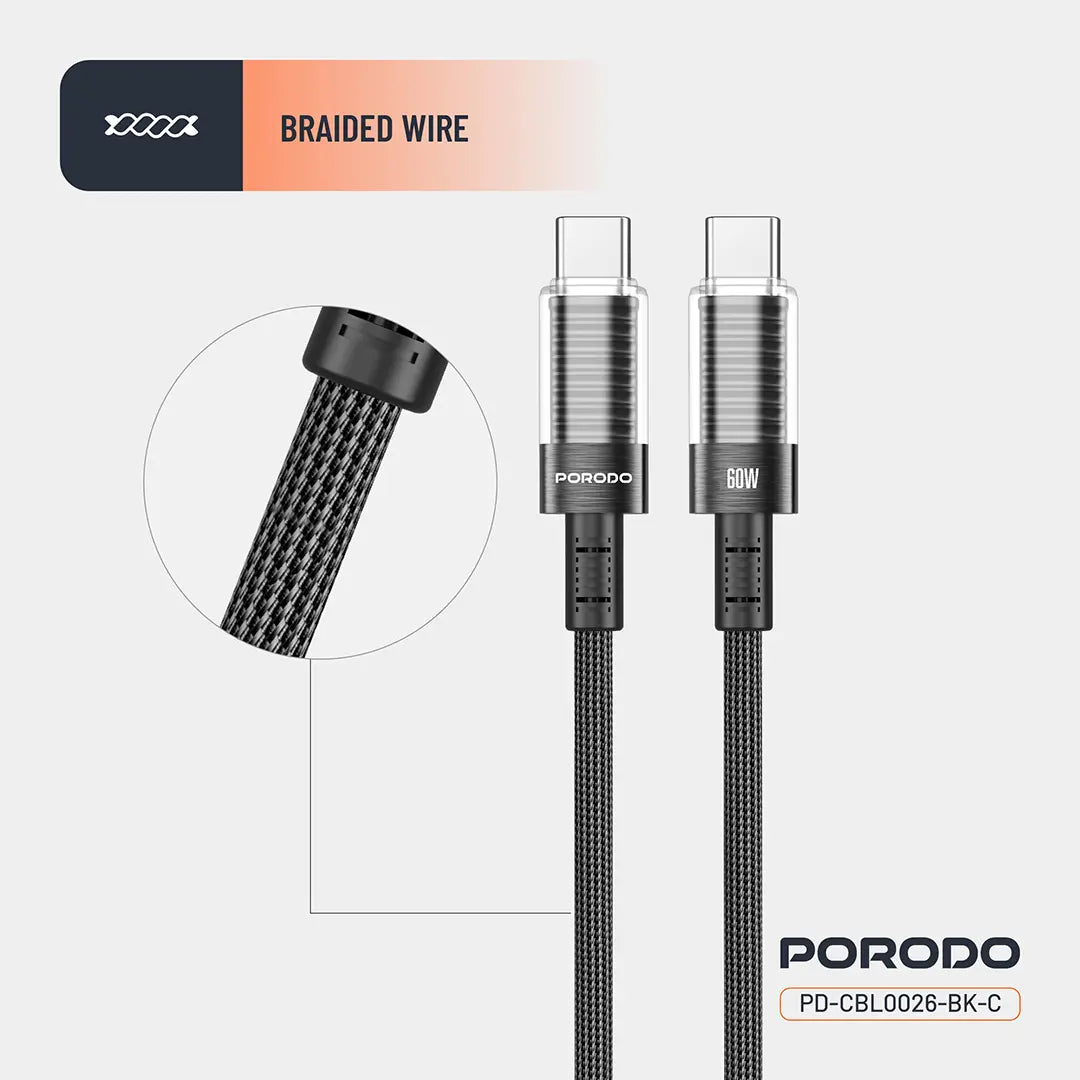 Porodo Transparent Shell USB-C To USB-C Cable - PD-CBL0026-BK-C