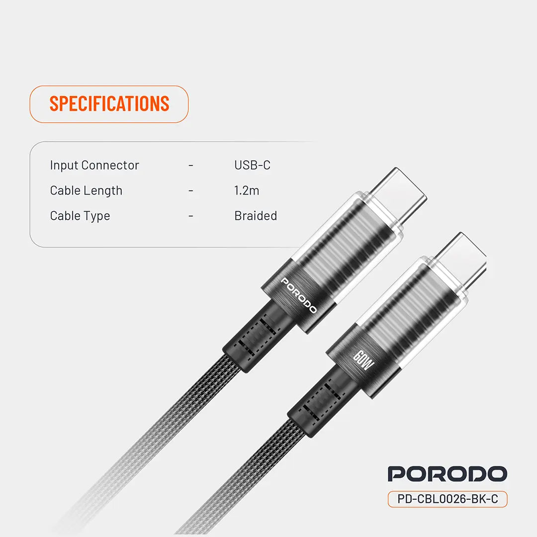 Porodo Transparent Shell USB-C To USB-C Cable - PD-CBL0026-BK-C