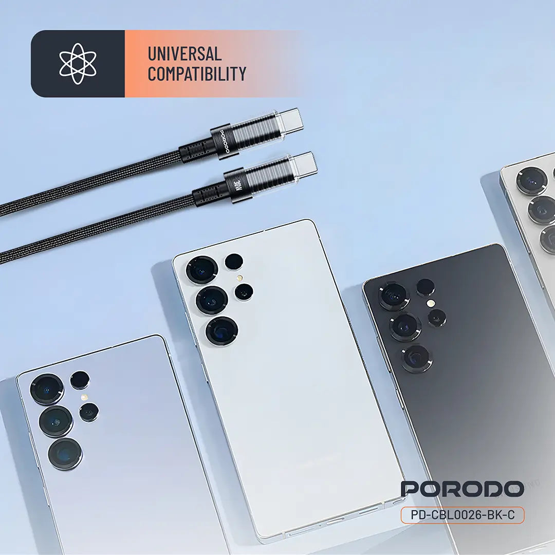 Porodo Transparent Shell USB-C To USB-C Cable - PD-CBL0026-BK-C