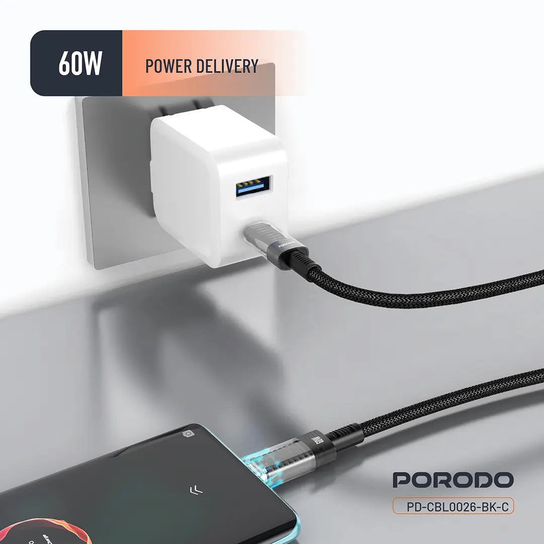 Porodo Transparent Shell USB-C To USB-C Cable - PD-CBL0026-BK-C