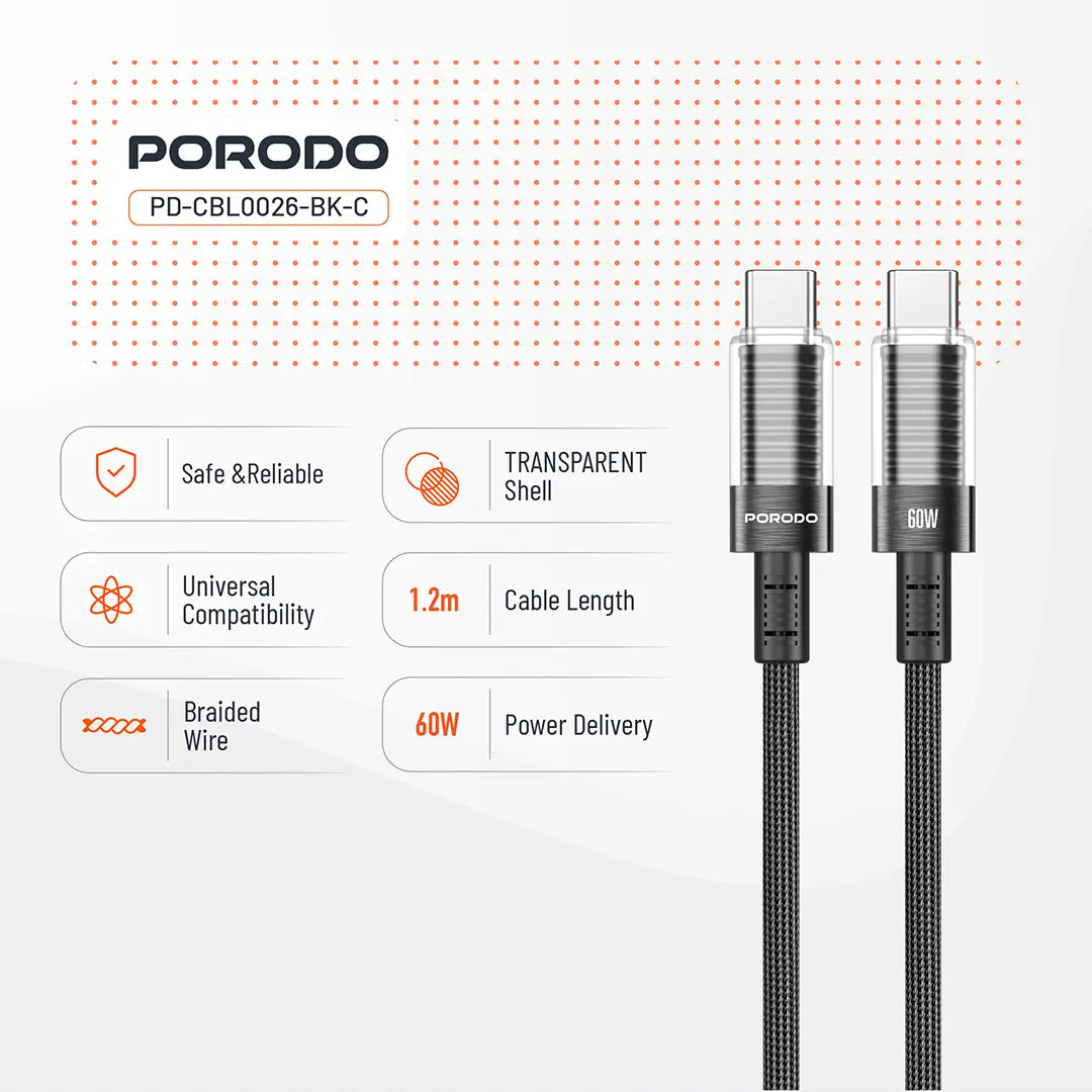 Porodo Transparent Shell USB-C To USB-C Cable - PD-CBL0026-BK-C