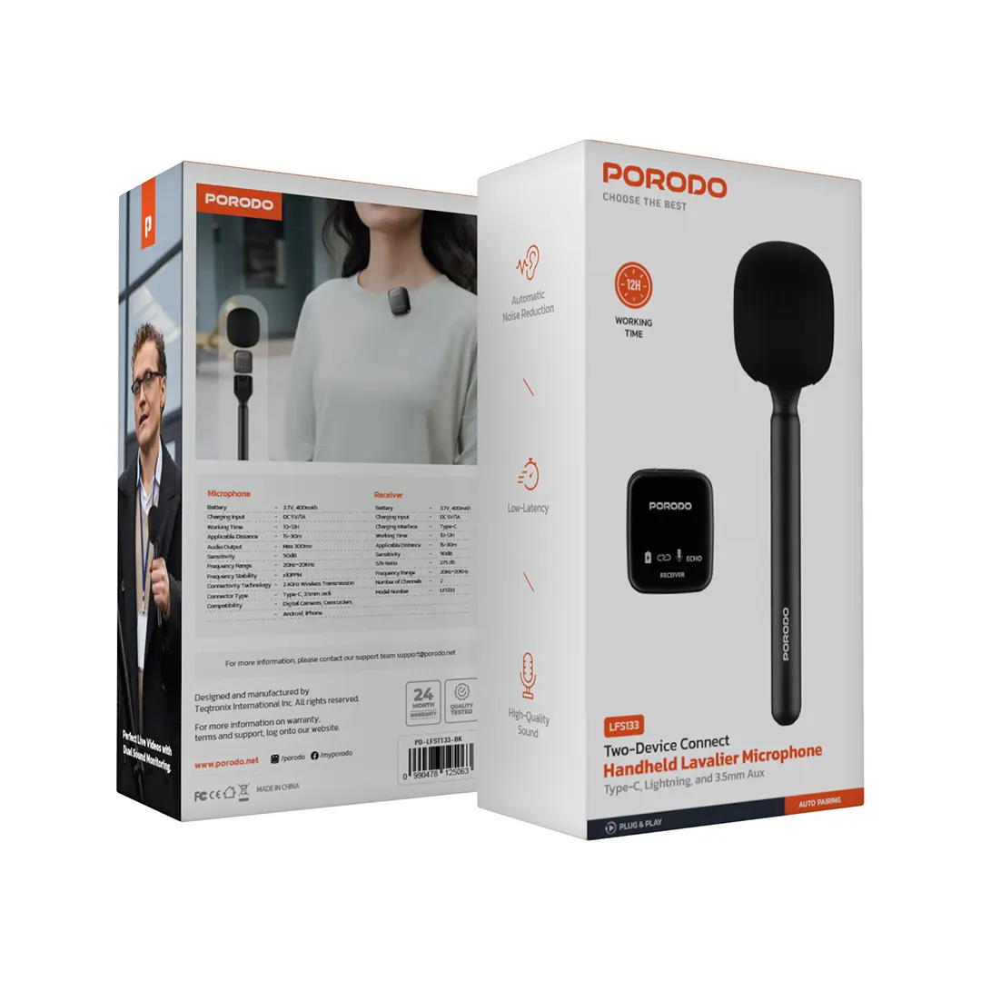 Porodo Two-Device Connect Handheld Lavalier Microphone - PD-LFST133-BK