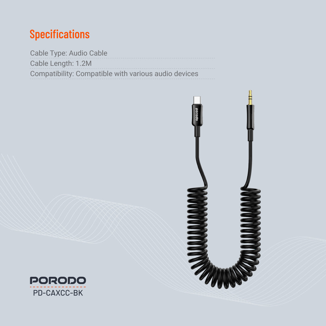 Porodo 3.5MM Type-C AUX Coiled Audio Cable Convenient Tangle-Free Design 1.2m/4ft - PDCAXCCBK