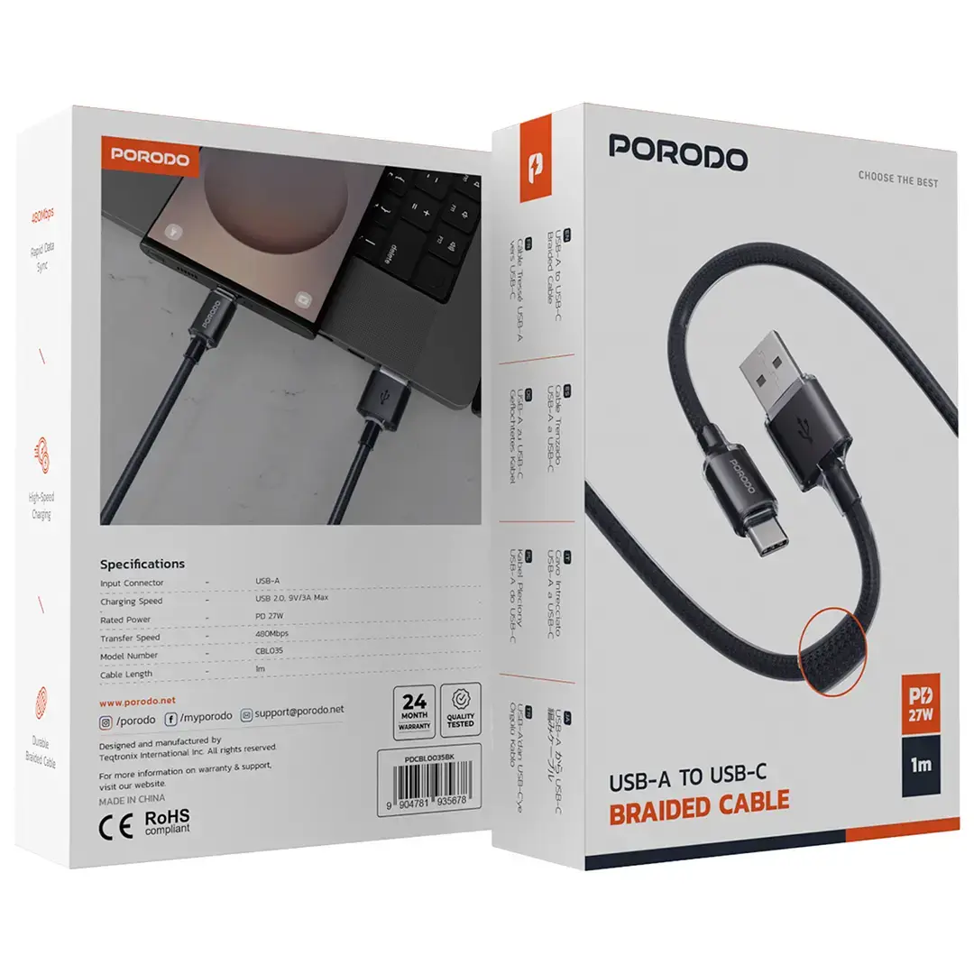 Porodo USB-A TO USB-C Braided Cable - PDCBL0035BK