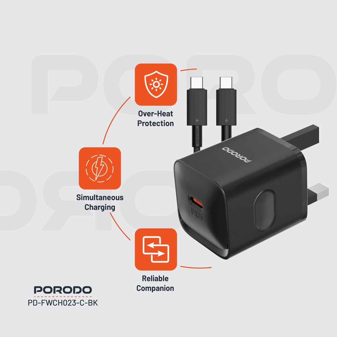 Porodo USB-C Power Delivery Wall Charger - PD-FWCH023-C-BK