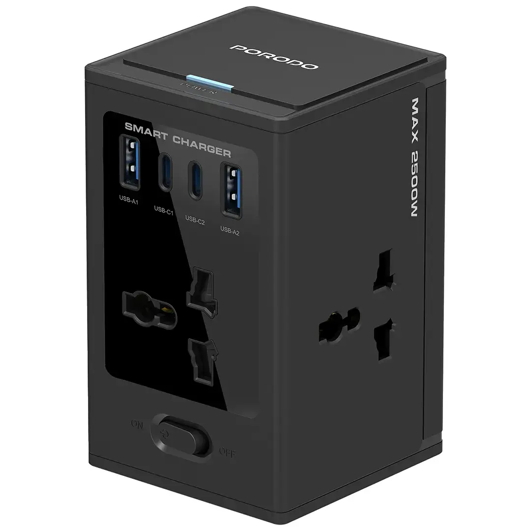 Porodo Universal GaN Multi-Port Cube Adapter with 4 AC Sockets - PDUNS8430BK
