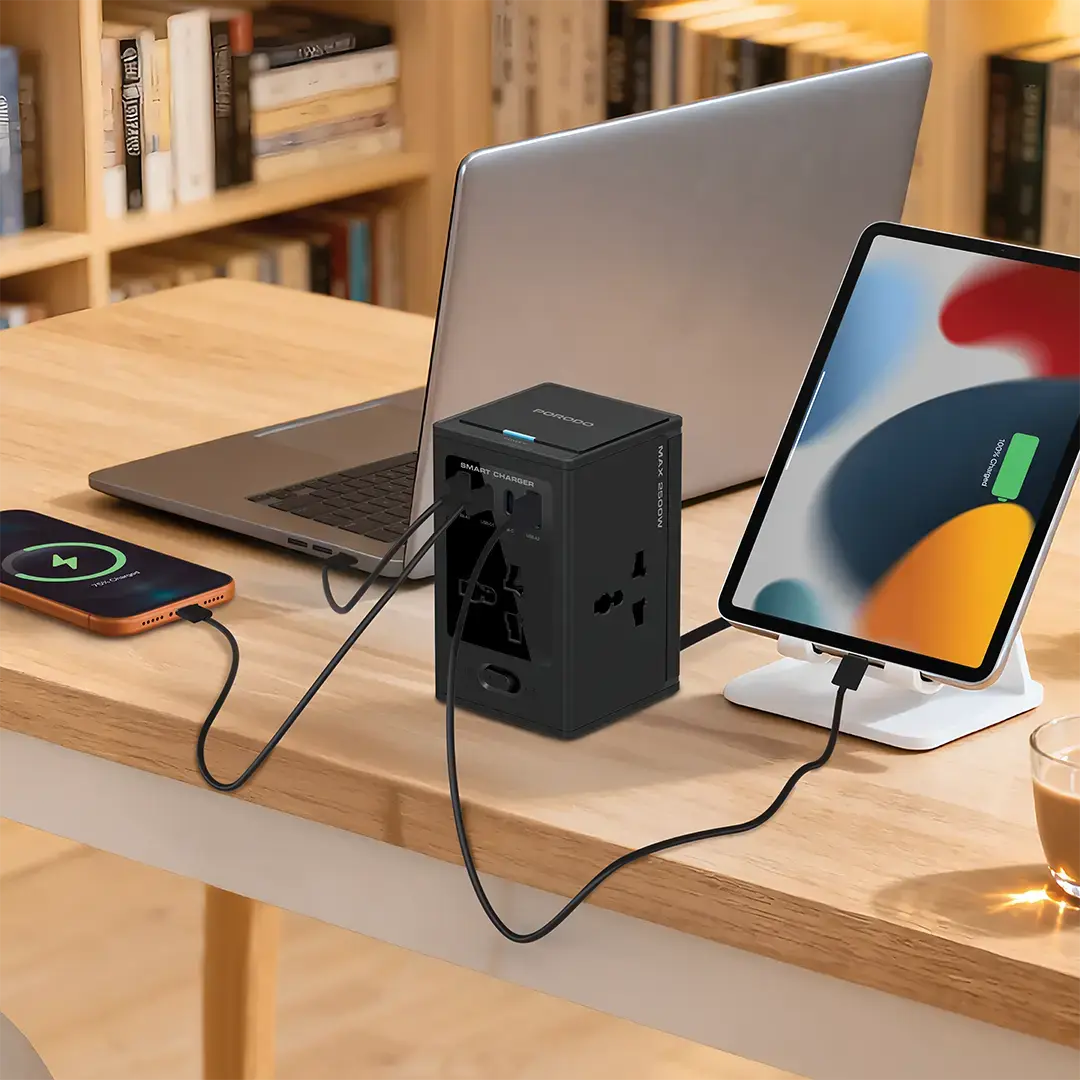 Porodo Universal GaN Multi-Port Cube Adapter with 4 AC Sockets - PDUNS8430BK