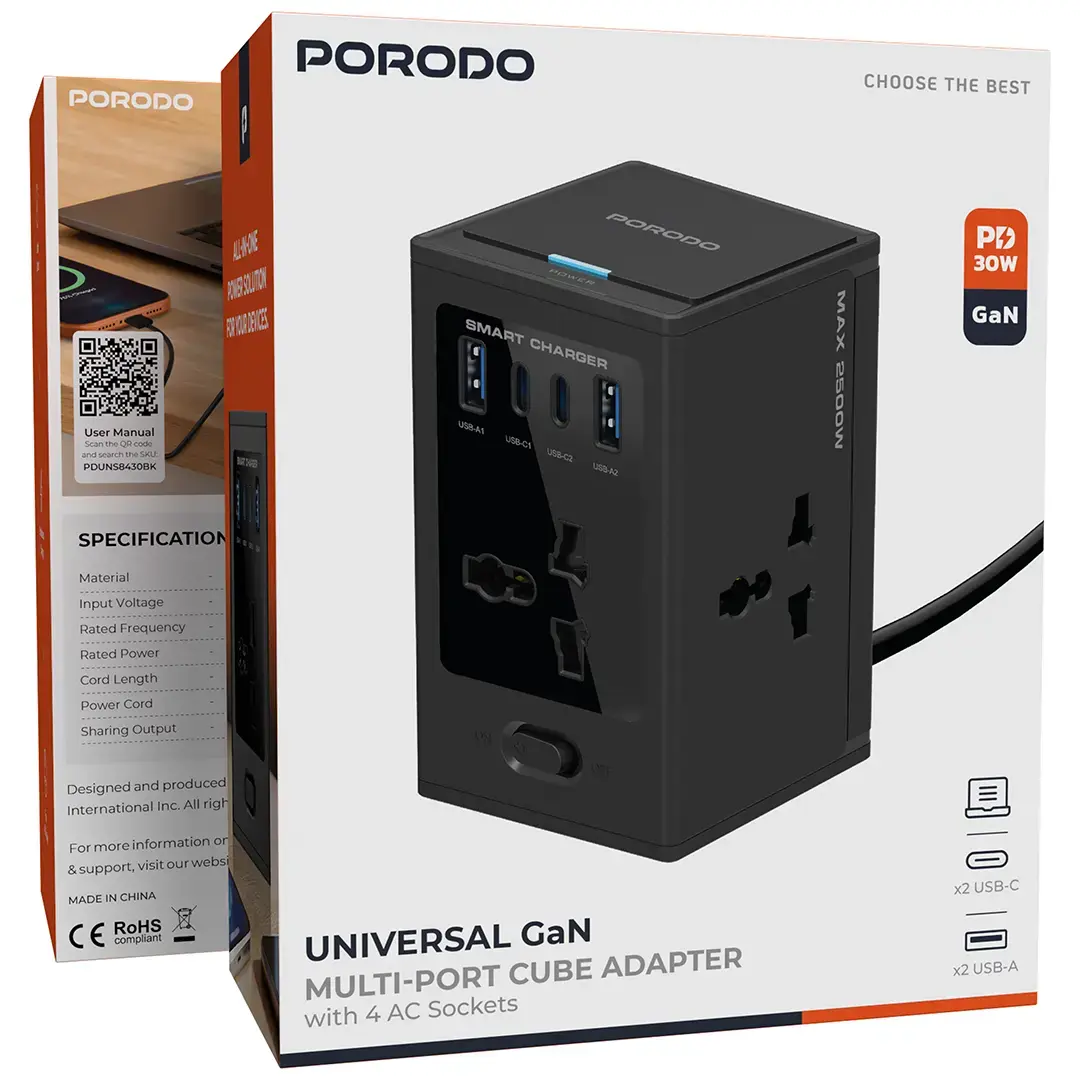 Porodo Universal GaN Multi-Port Cube Adapter with 4 AC Sockets - PDUNS8430BK