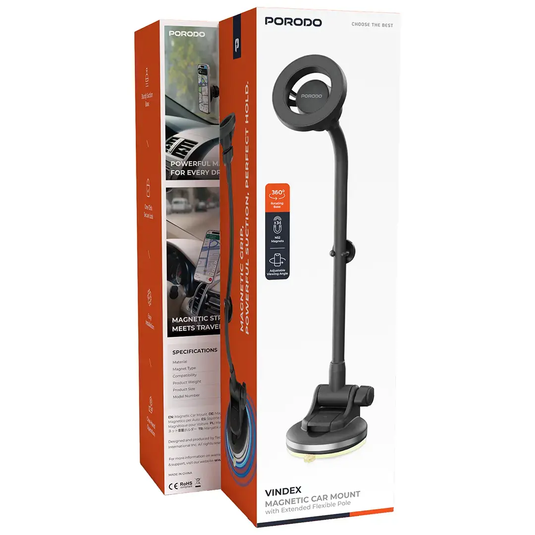 Porodo Vindex Magnetic Car Mount
with Extended Flexible Pole - PDMCPH68BK