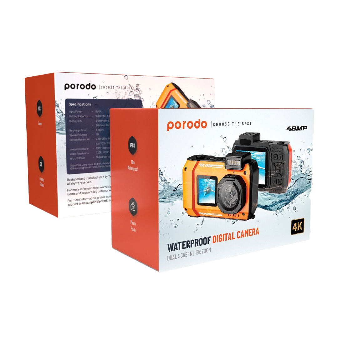 Porodo Waterproof Digital Camera Dual Screen & 18x Zoom - PD-CAMIP68-BK