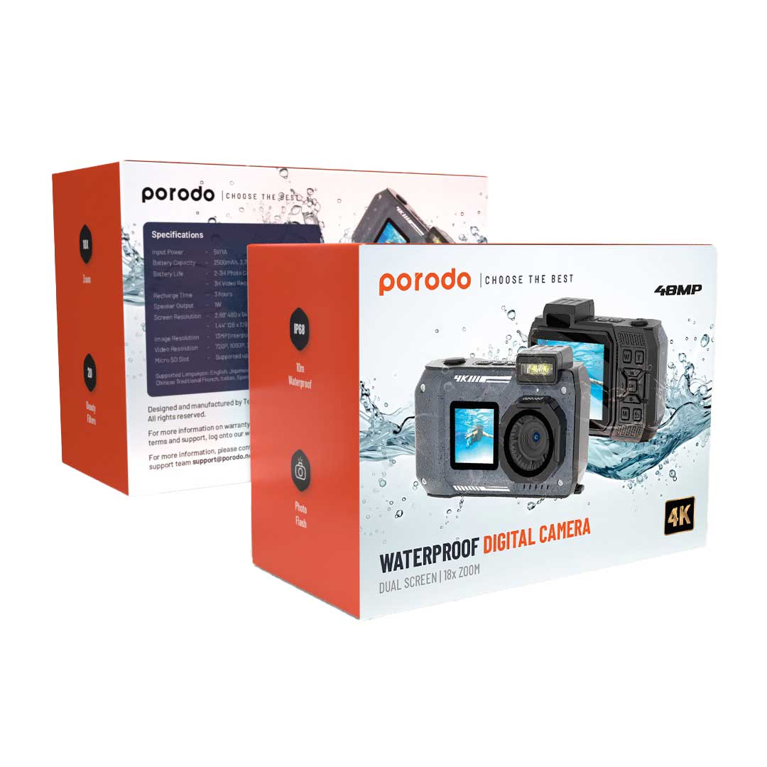 Porodo Waterproof Digital Camera Dual Screen & 18x Zoom - PD-CAMIP68-BK