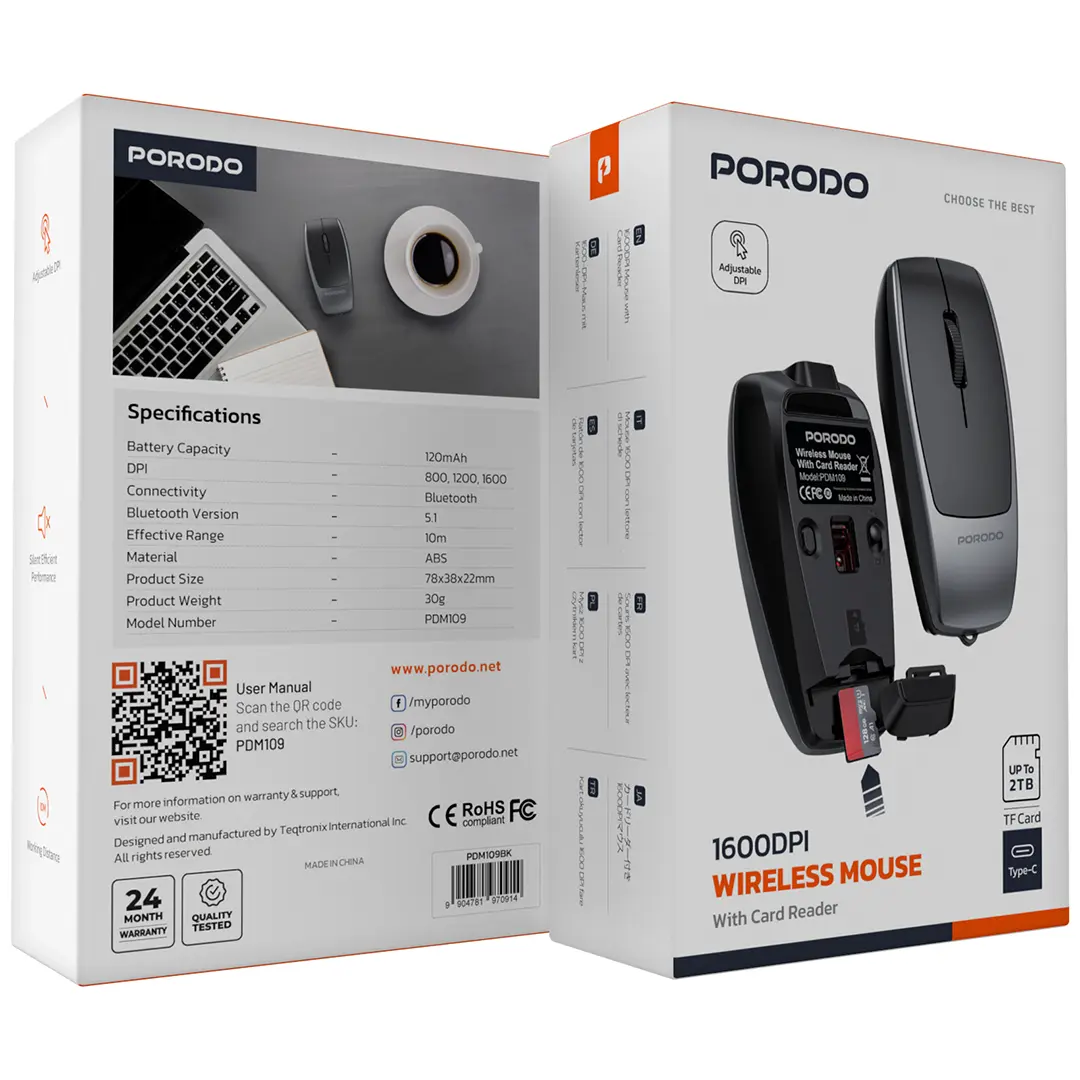Porodo Wireless Mouse 1600DPI with Card Reader - PDM109SL