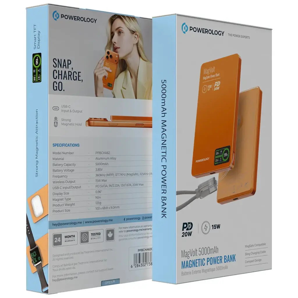 Powerology MagVolt 5000mAh Magnetic Power Bank - PPBCHA62OG - Orange