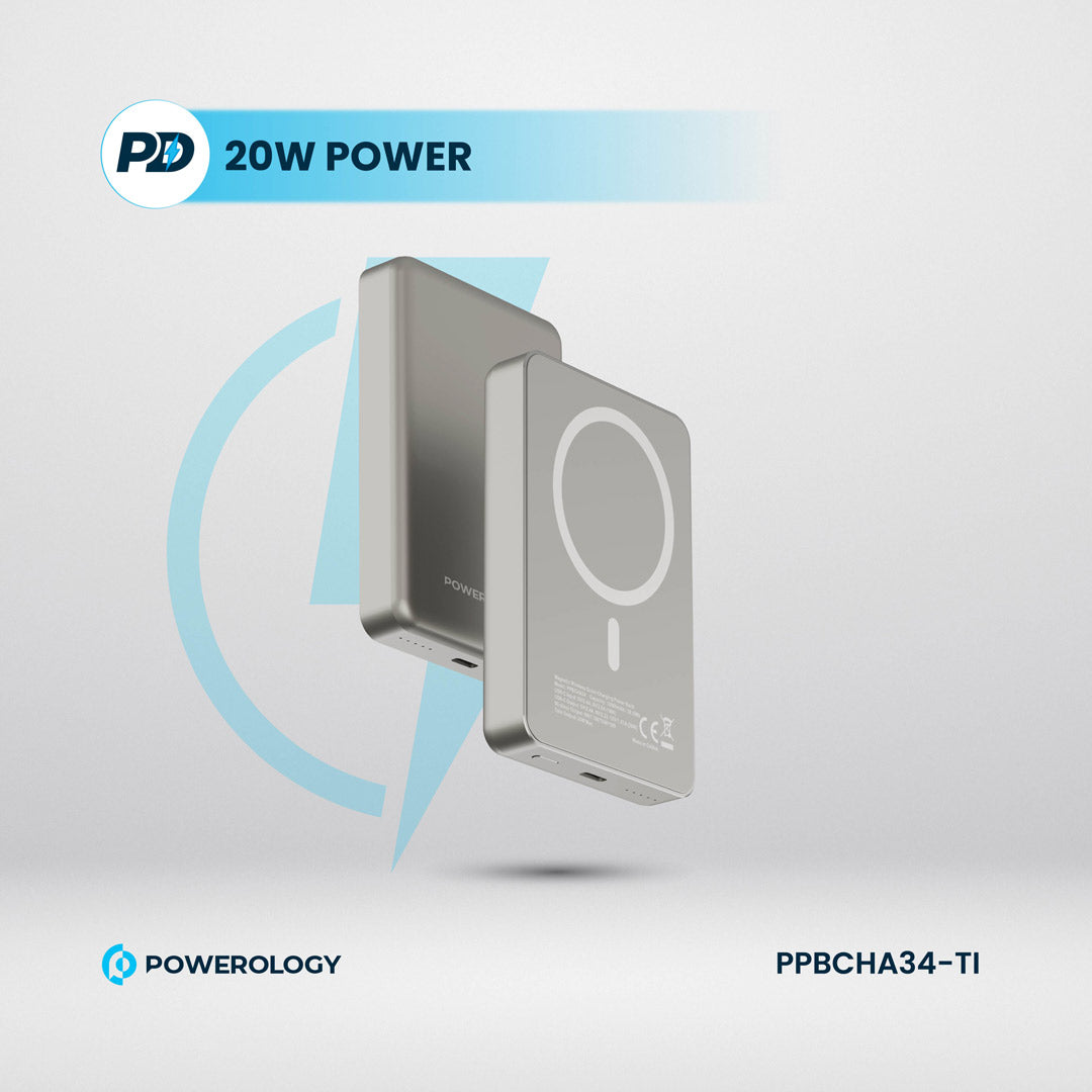 Powerology بنك طاقة سبيتيللي المصنوع من الألومنيوم بسعة 10000 مللي أمبير مع خاصية الشحن السريع PD بقوة 20 واط - PPBCHA34TI - تيتانيوم