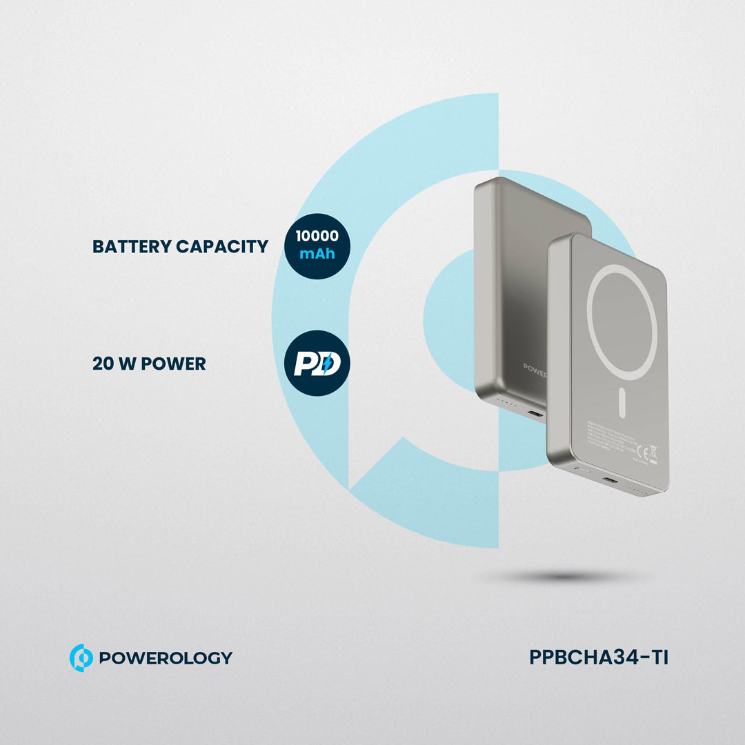 Powerology بنك طاقة سبيتيللي المصنوع من الألومنيوم بسعة 10000 مللي أمبير مع خاصية الشحن السريع PD بقوة 20 واط - PPBCHA34TI - تيتانيوم