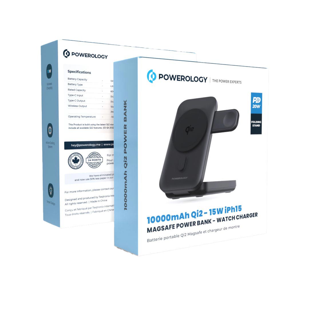 Powerology بنك طاقة بسعة 10000 مللي أمبير بتقنية Qi2 - 15 واط يدعم شحن أجهزة iPhone 16 Magsafe - لشحن الساعات - PPBCHA35-BK - أسود