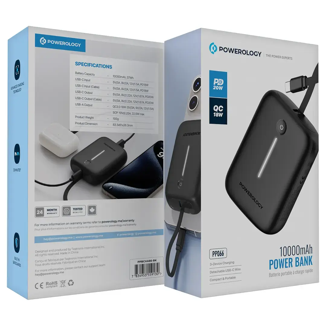 Powerology 10000mAh Power Bank - PPBCHA66-BK - Black