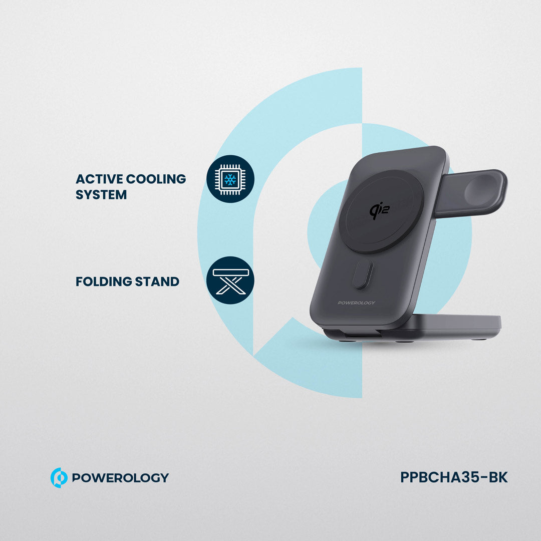 Powerology بنك طاقة بسعة 10000 مللي أمبير بتقنية Qi2 - 15 واط يدعم شحن أجهزة iPhone 16 Magsafe - لشحن الساعات - PPBCHA35-BK - أسود