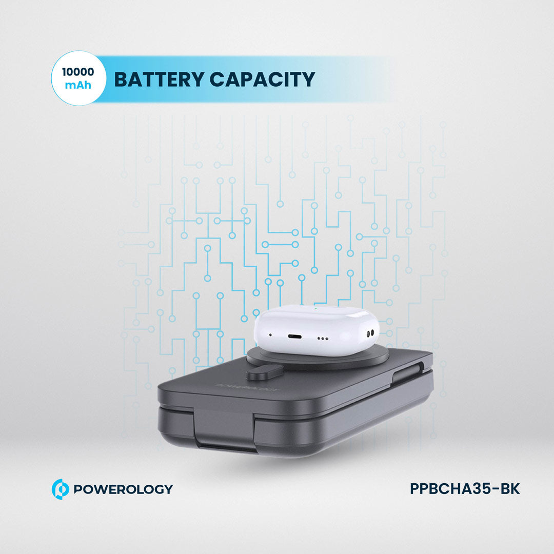 Powerology بنك طاقة بسعة 10000 مللي أمبير بتقنية Qi2 - 15 واط يدعم شحن أجهزة iPhone 16 Magsafe - لشحن الساعات - PPBCHA35-BK - أسود