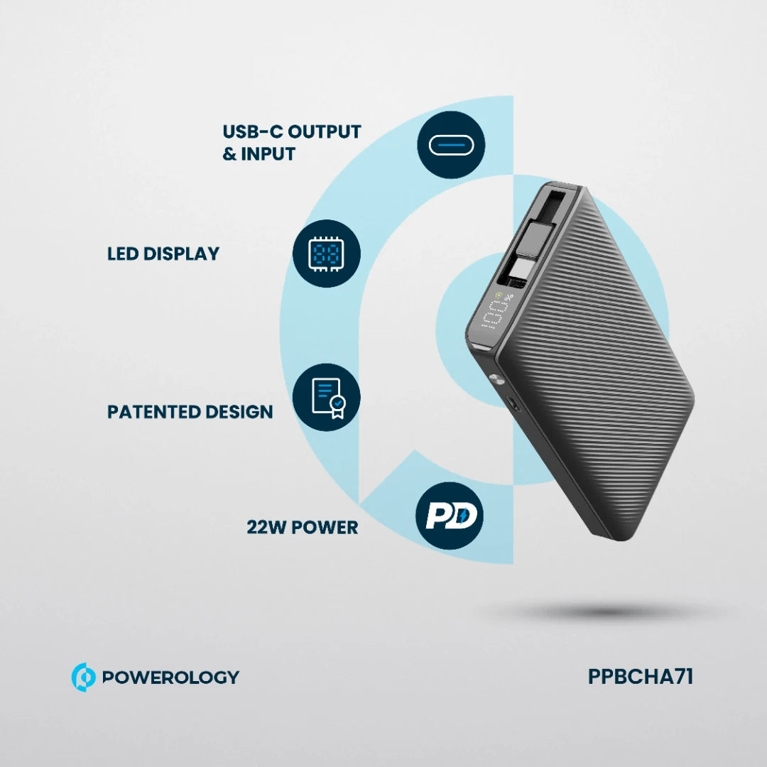 Powerology 10000mAh Retractable Cable Power Bank - PPBCHA71 - Black