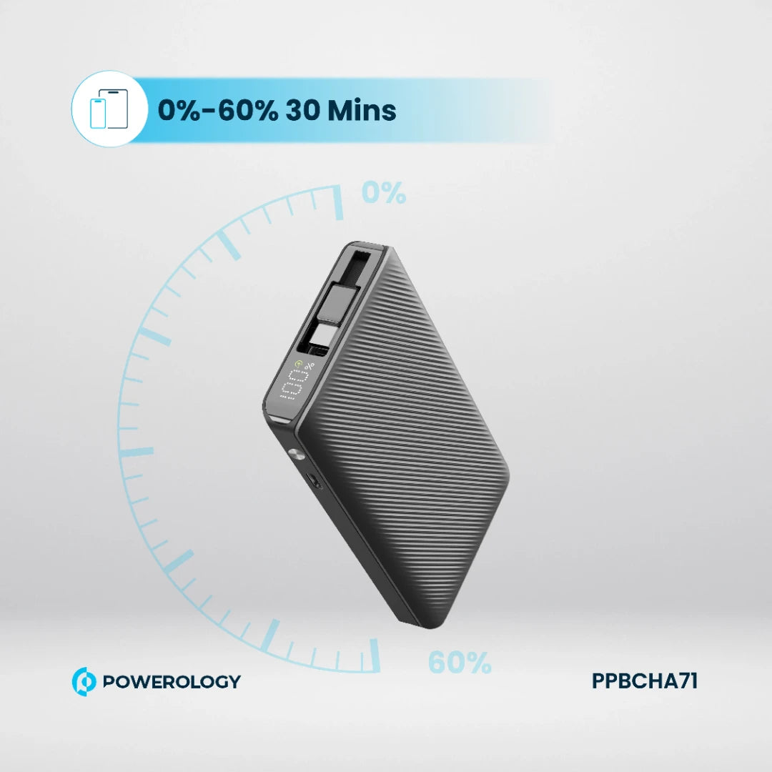 Powerology 10000mAh Retractable Cable Power Bank - PPBCHA71 - Black