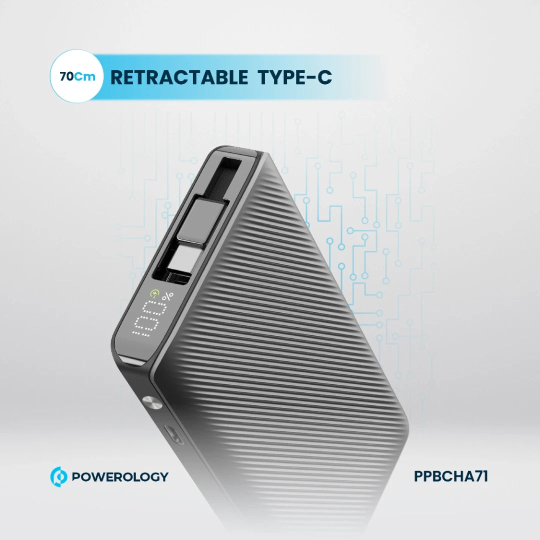 Powerology 10000mAh Retractable Cable Power Bank - PPBCHA71 - Black
