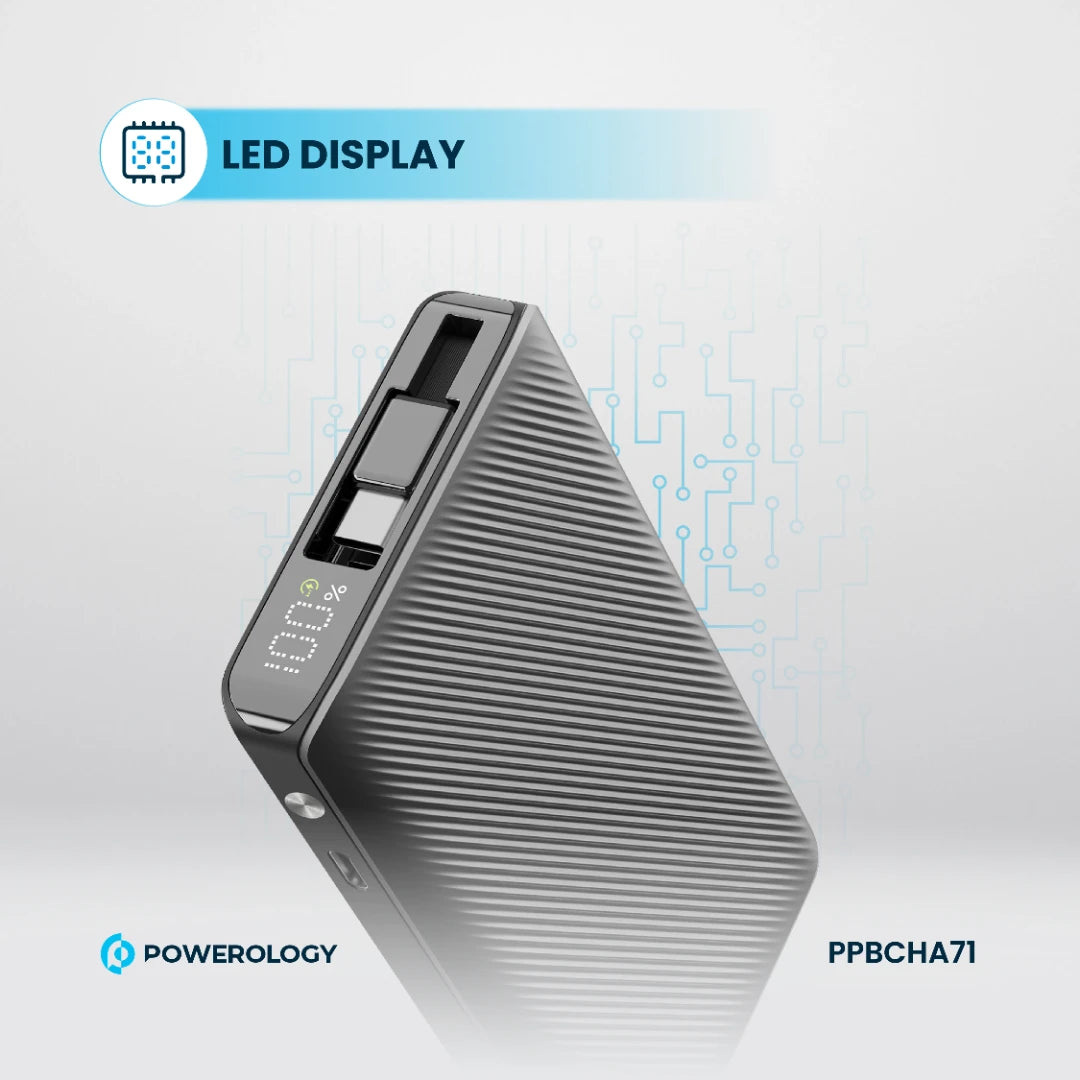 Powerology 10000mAh Retractable Cable Power Bank - PPBCHA71 - Black