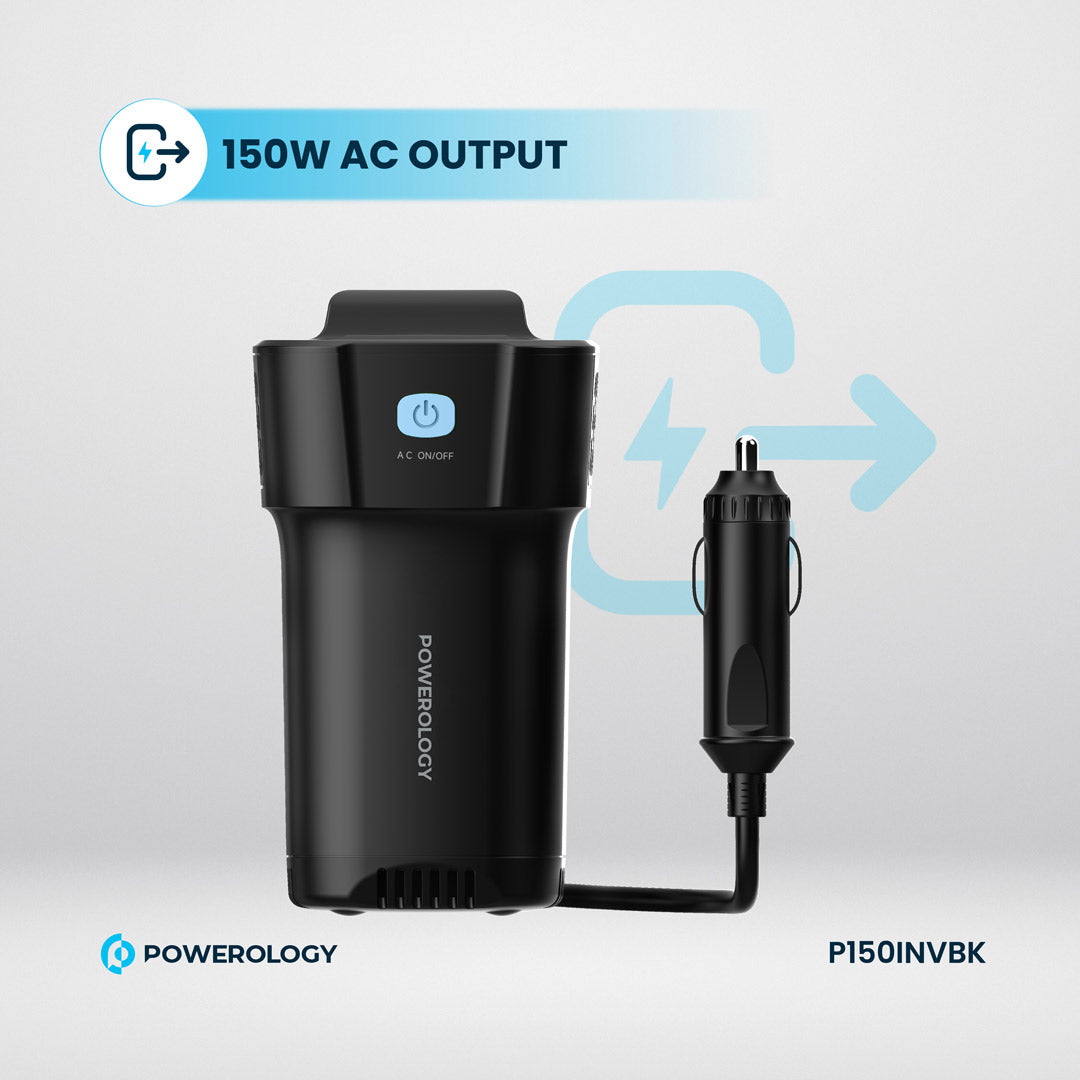 Powerology محول طاقة بقدرة 150 واط لحامل الأكواب، مزود بمنفذي USB-C و USB-A بتقنية الشحن السريع QC3.0 - P150INVBK - أسود