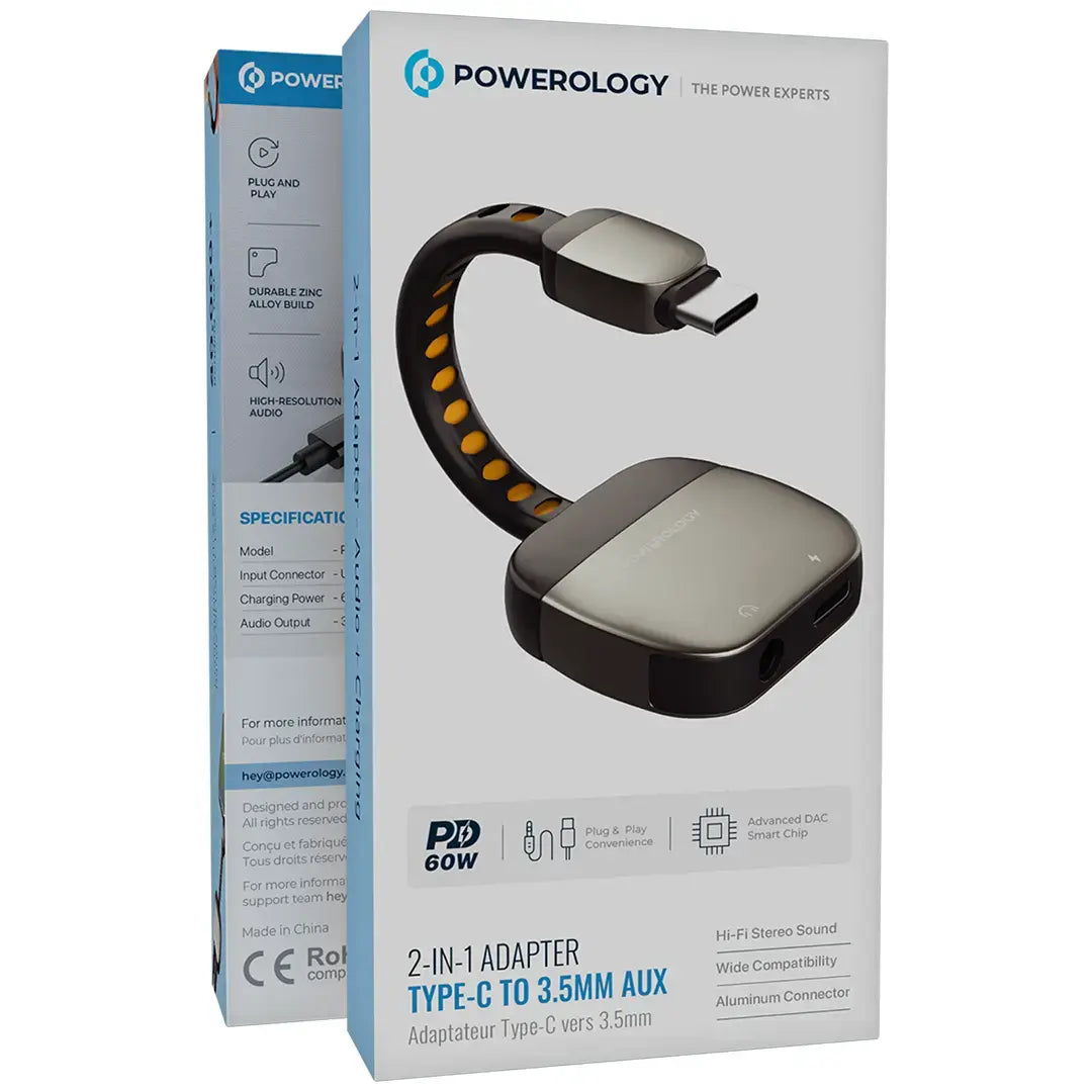Powerology 2-IN-1 Adapter Type-C To 3.5mm AUX - PWYSTC8722GY - Gray