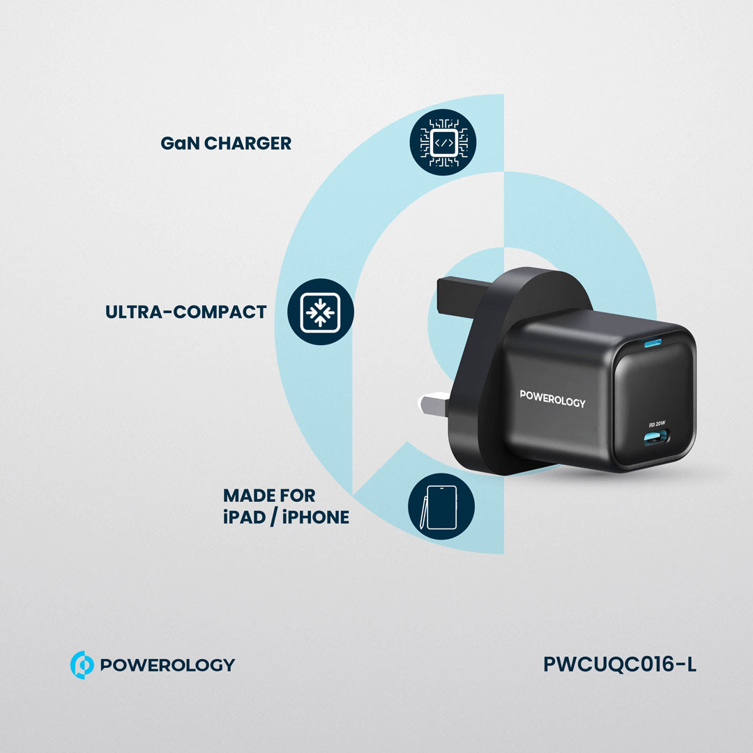 Powerology UK Ultra-Compact GaN Charger - PWCUQC016 - Black