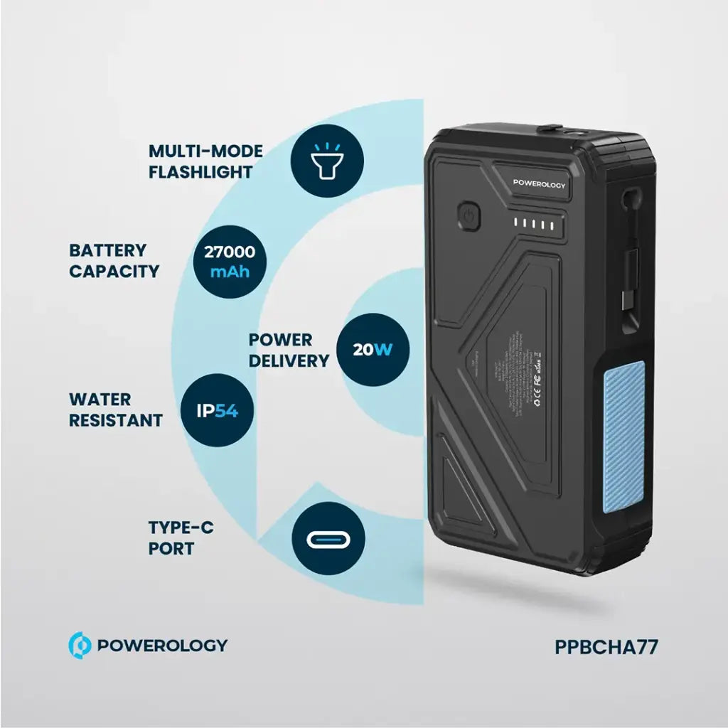 Powerology 27000mAh Solar Wireless Charging Power Bank PD 20W - Black