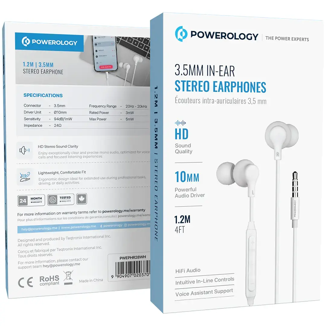 Powerology سماعات أذن ستيريو داخلية 3.5 ملم - PWEPHR28WH - أبيض