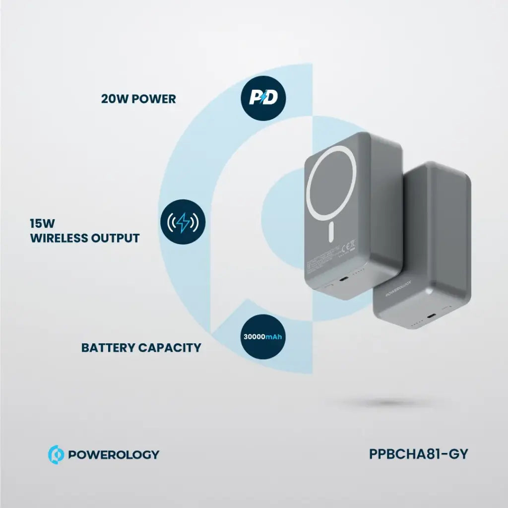 Powerology بنك طاقة MagSafe من الألومنيوم بسعة 30000 مللي أمبير - PPBCHA81-GY - رمادي داكن