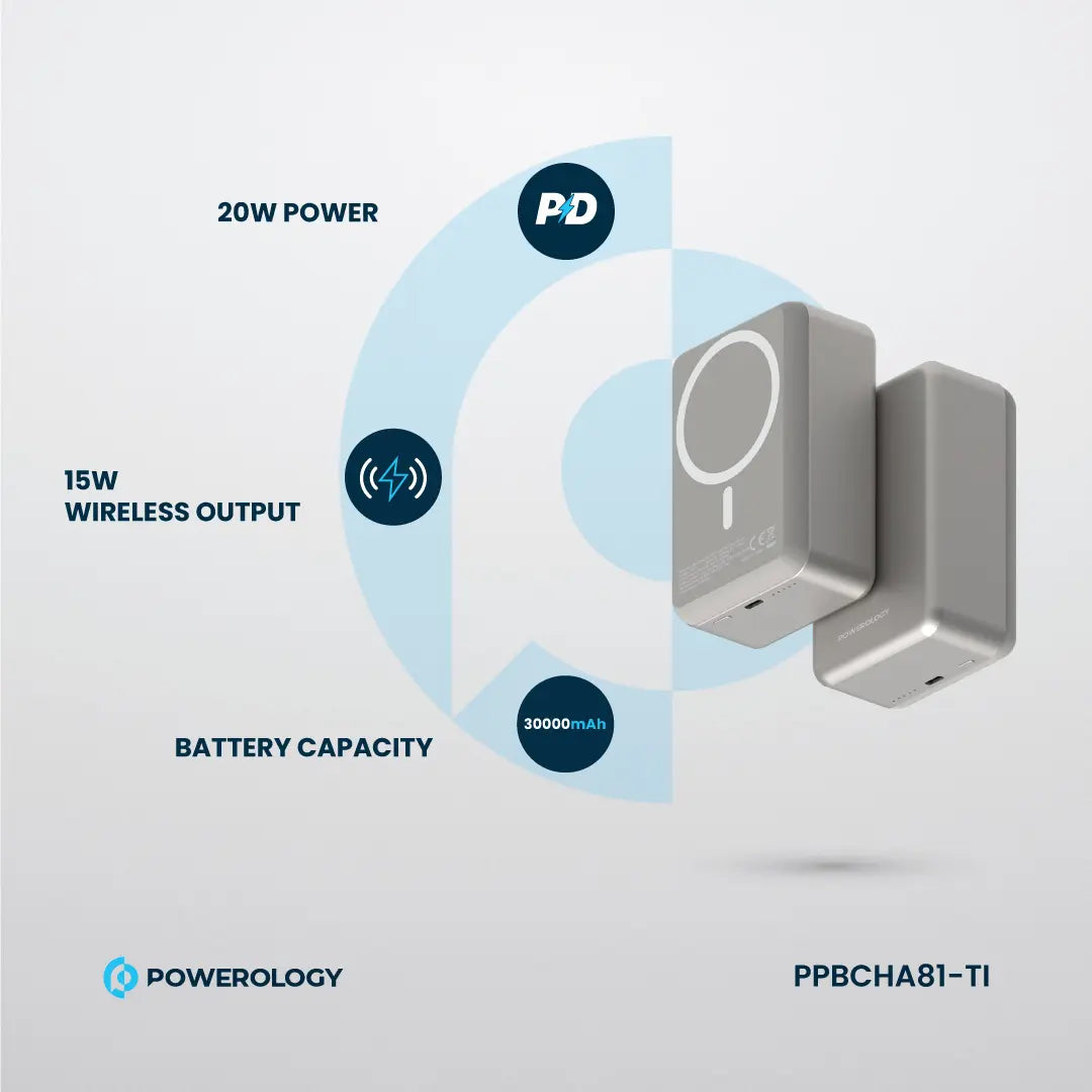 Powerology بنك طاقة MagSafe من الألومنيوم بسعة 30000 مللي أمبير - PPBCHA81-TI - تيتانيوم
