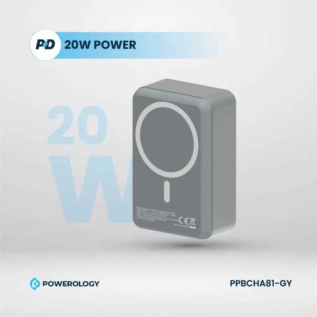 Powerology بنك طاقة MagSafe من الألومنيوم بسعة 30000 مللي أمبير - PPBCHA81-GY - رمادي داكن