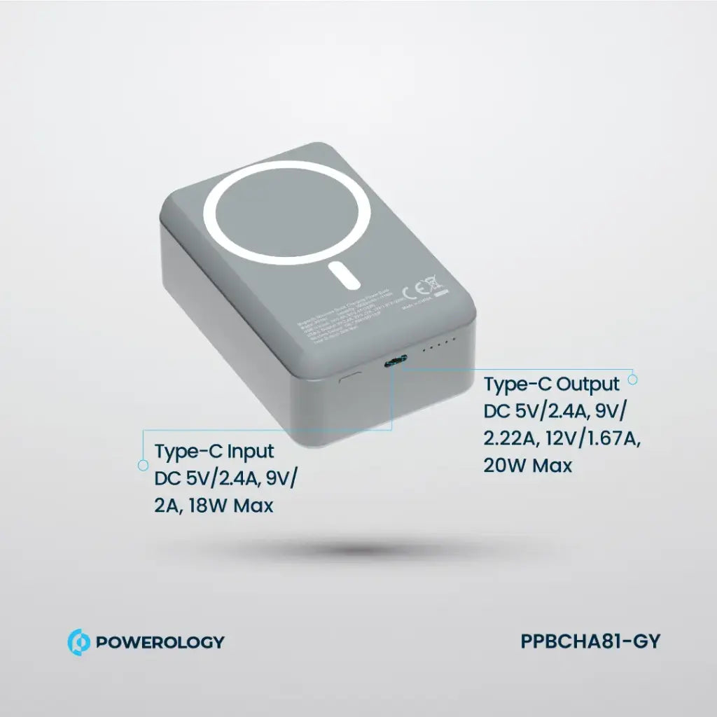 Powerology بنك طاقة MagSafe من الألومنيوم بسعة 30000 مللي أمبير - PPBCHA81-GY - رمادي داكن