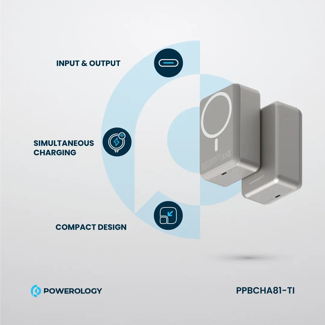 Powerology بنك طاقة MagSafe من الألومنيوم بسعة 30000 مللي أمبير - PPBCHA81-TI - تيتانيوم