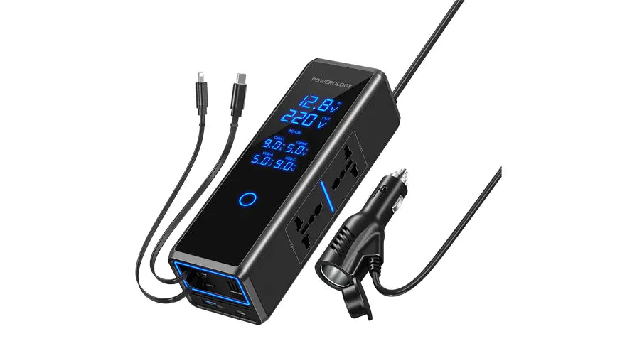 Powerology محول طاقة سيارة 300 واط بمقبسي تيار متردد - أسود