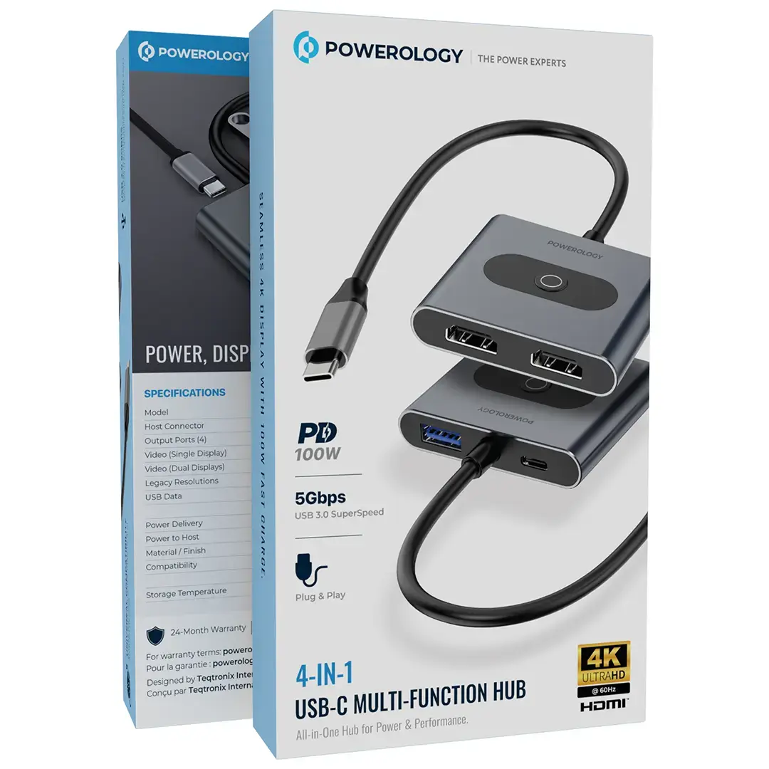 Powerology موزع USB-C متعدد الوظائف 4 في 1، يدعم الشحن السريع بقدرة 100 واط - PWFX2508AGY - رمادي