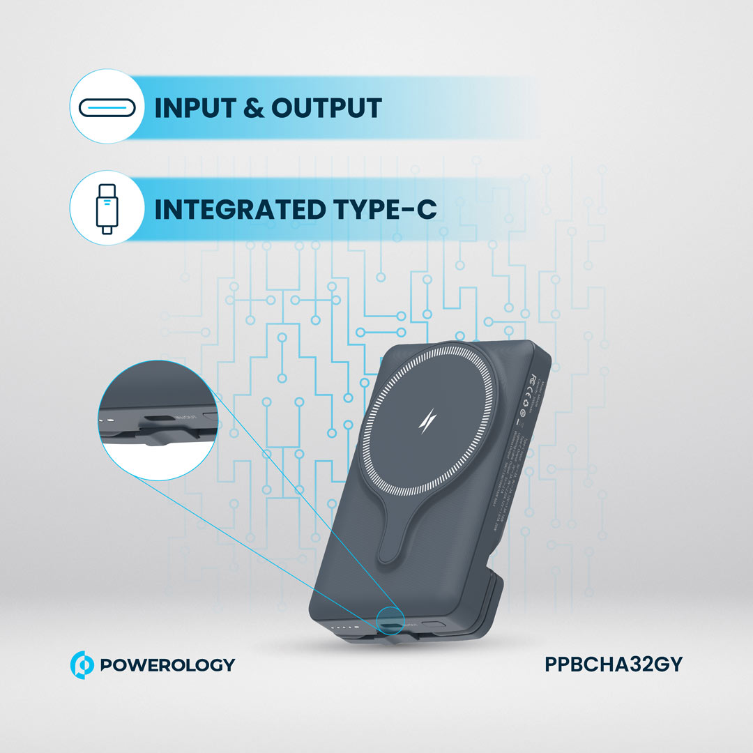 Powerology شاحن باور بانك 5000 مللي أمبير مع حامل ماج سيف لفتحة التهوية - PPBCHA32GY - رمادي