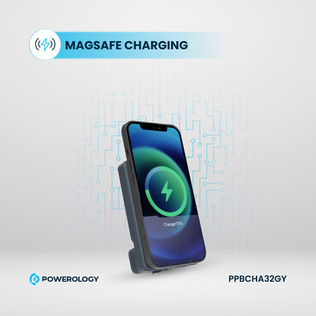 Powerology شاحن باور بانك 5000 مللي أمبير مع حامل ماج سيف لفتحة التهوية - PPBCHA32GY - رمادي