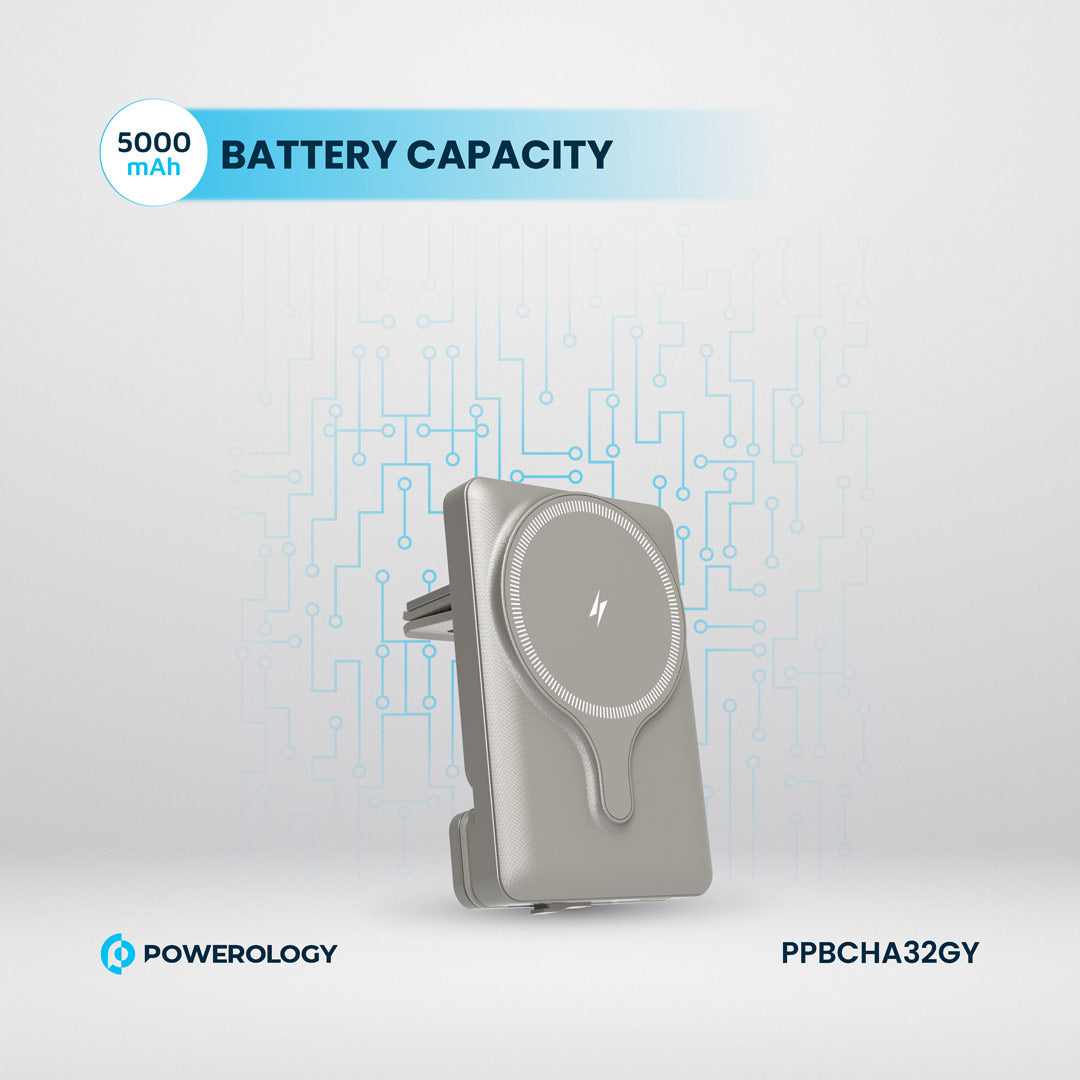 Powerology شاحن باور بانك 5000 مللي أمبير مع حامل ماج سيف لفتحة التهوية - PPBCHA32TI - تيتانيوم