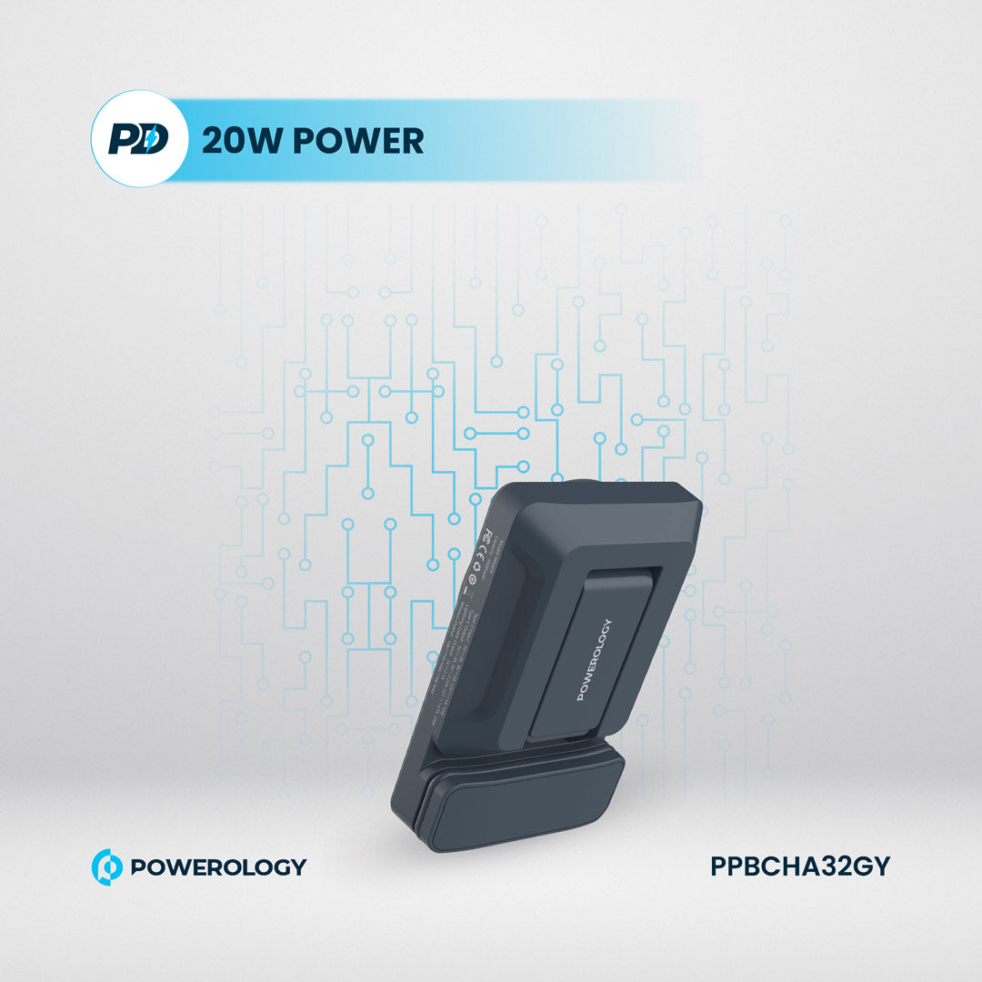 Powerology شاحن باور بانك 5000 مللي أمبير مع حامل ماج سيف لفتحة التهوية - PPBCHA32GY - رمادي