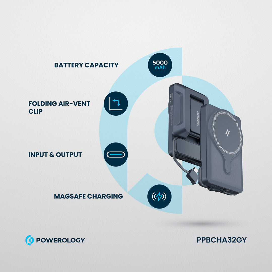 Powerology شاحن باور بانك 5000 مللي أمبير مع حامل ماج سيف لفتحة التهوية - PPBCHA32GY - رمادي