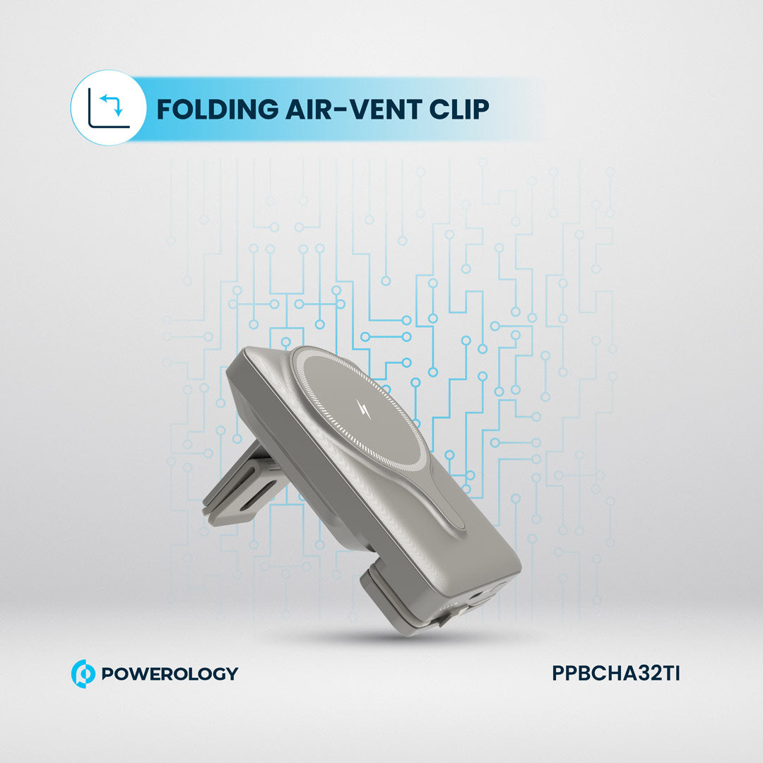 Powerology شاحن باور بانك 5000 مللي أمبير مع حامل ماج سيف لفتحة التهوية - PPBCHA32TI - تيتانيوم