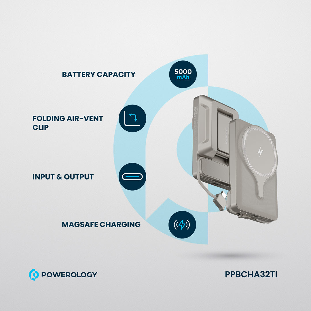 Powerology شاحن باور بانك 5000 مللي أمبير مع حامل ماج سيف لفتحة التهوية - PPBCHA32TI - تيتانيوم