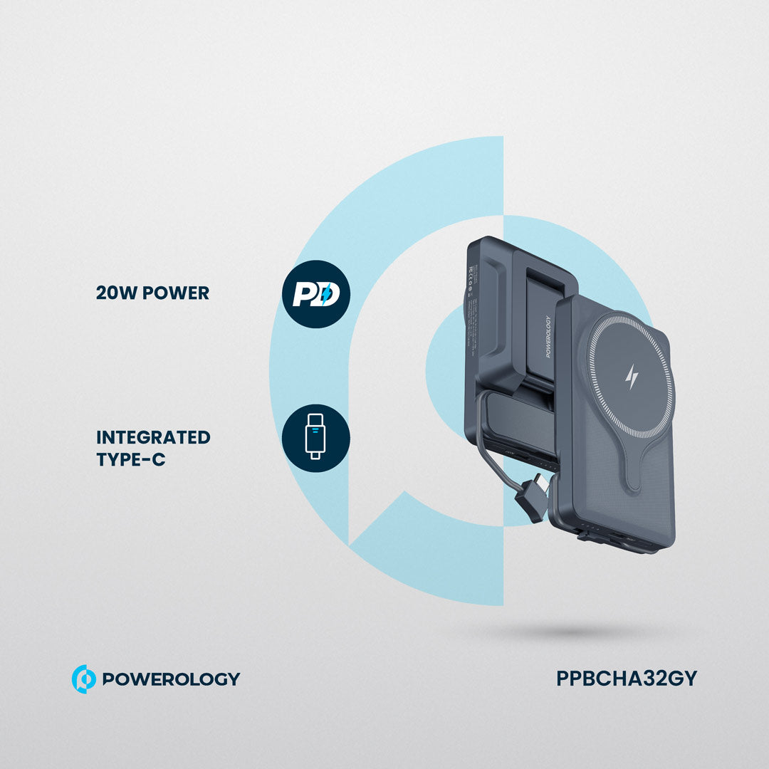 Powerology شاحن باور بانك 5000 مللي أمبير مع حامل ماج سيف لفتحة التهوية - PPBCHA32GY - رمادي