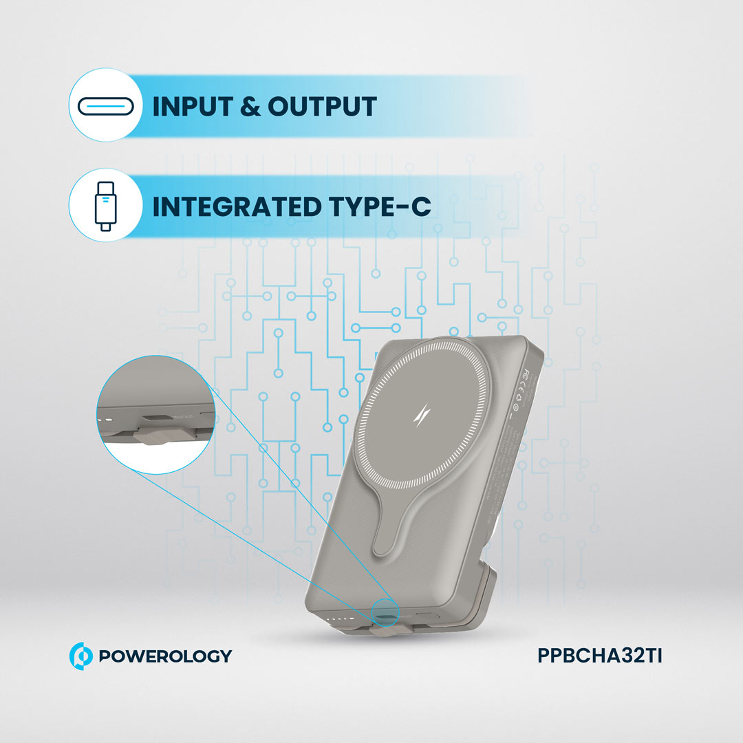 Powerology شاحن باور بانك 5000 مللي أمبير مع حامل ماج سيف لفتحة التهوية - PPBCHA32TI - تيتانيوم