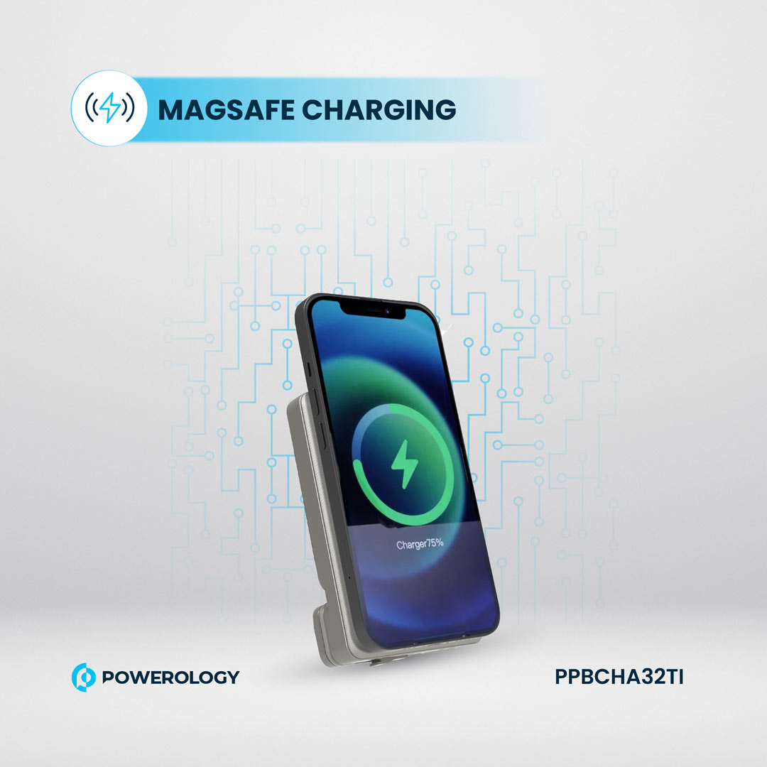 Powerology شاحن باور بانك 5000 مللي أمبير مع حامل ماج سيف لفتحة التهوية - PPBCHA32TI - تيتانيوم